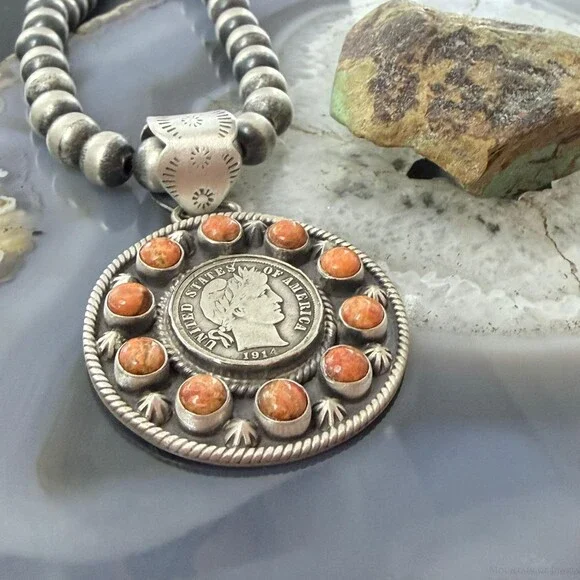 Genuine 1914 90% Silver Barber Head Dime Coin w/Orange Spiny Oyster Pendant